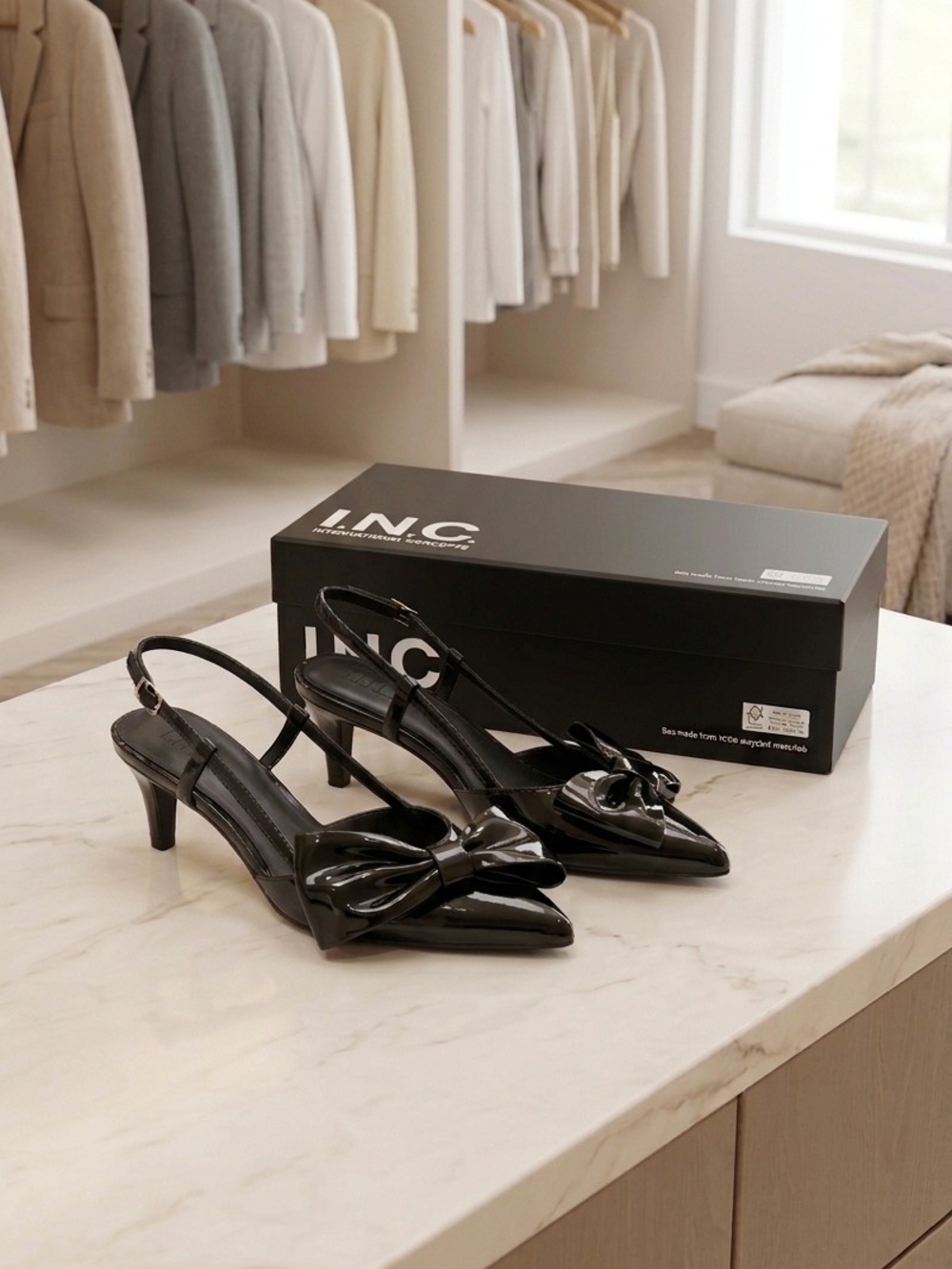 INC International Concepts Black Patent Slingback Kitten Heels with Bow Accent